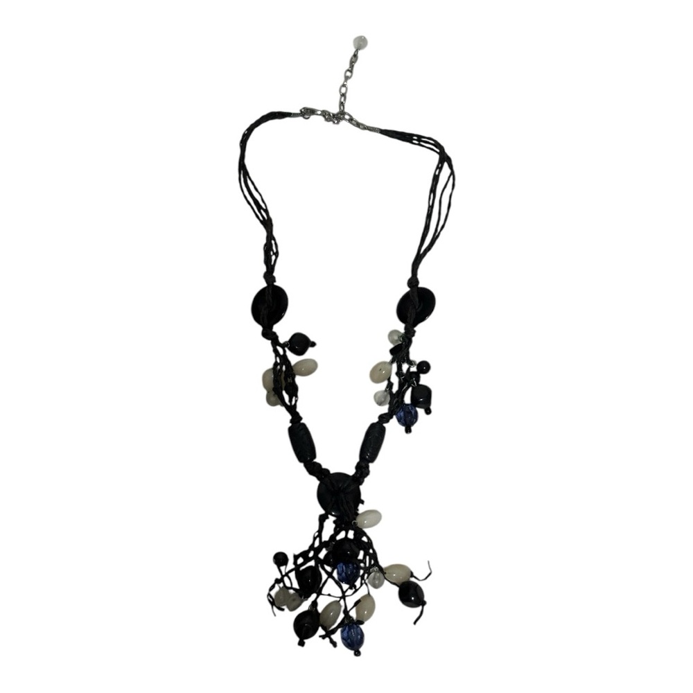 Button and Bead Necklace with Black Chord Black/White Women - Picture 2 of 8